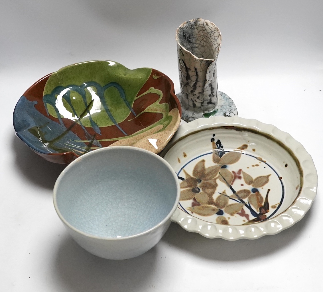 A Raku ware pottery vase, a Leiard dish, a dish and a grey glazed vase, Raku vase 17.5cm high